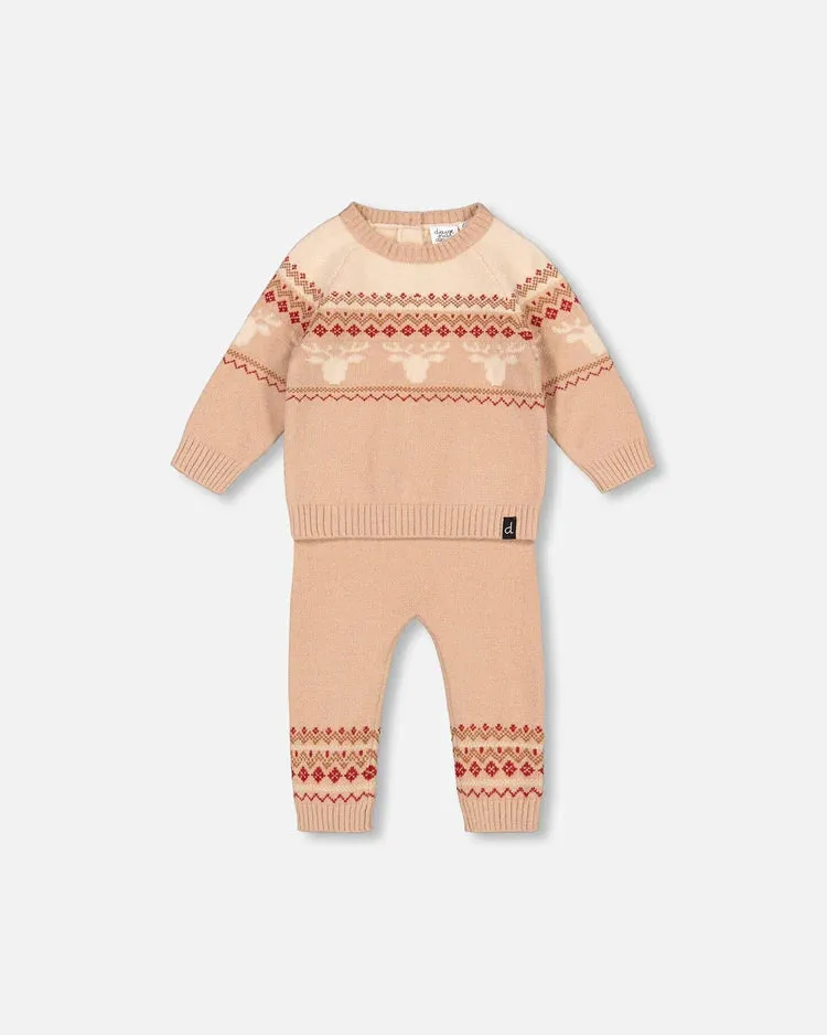 Deux Par Deux Jacquard Knitted Sweater And Pants Set Beige - Nomad