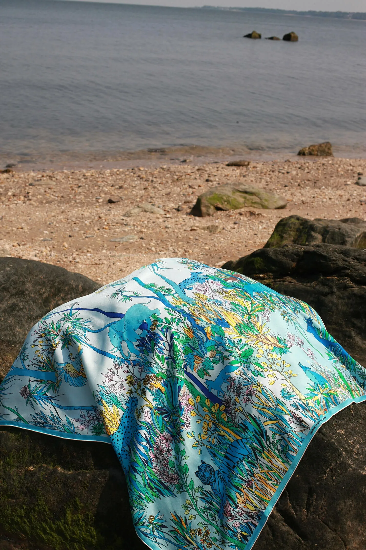 Double Sided Silk Scarf Of Blue Animal Kingdom