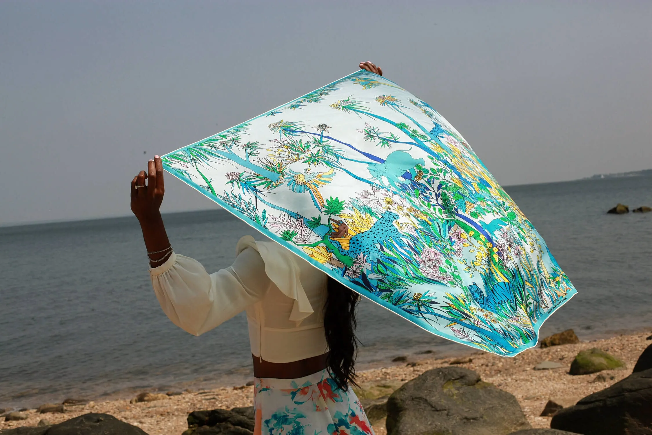 Double Sided Silk Scarf Of Blue Animal Kingdom