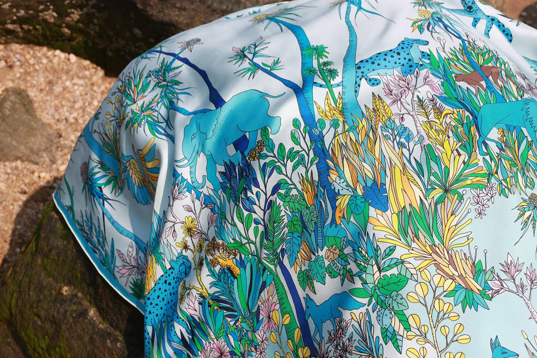 Double Sided Silk Scarf Of Blue Animal Kingdom