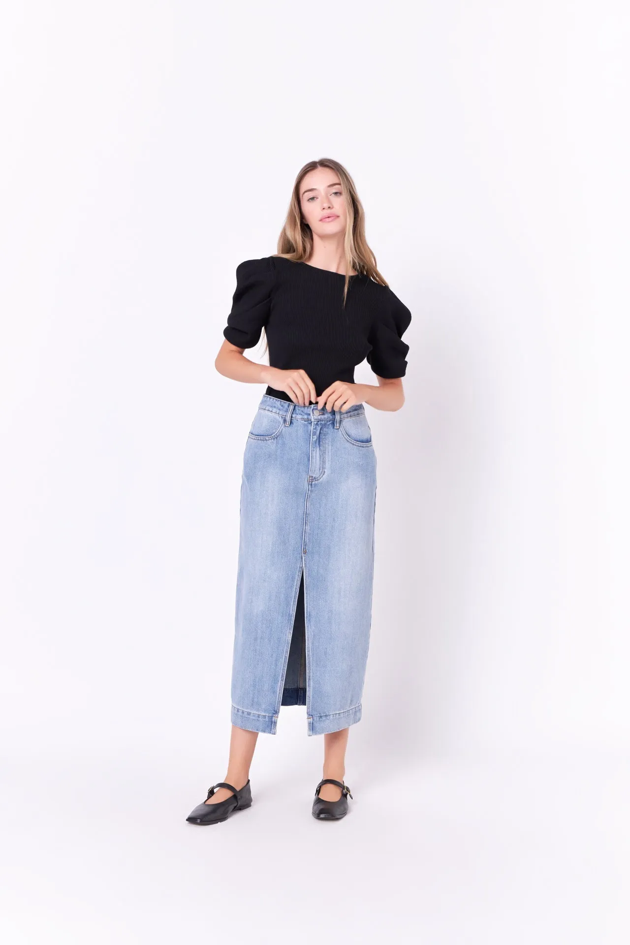 English Factory - High Waist Long Denim Skirt