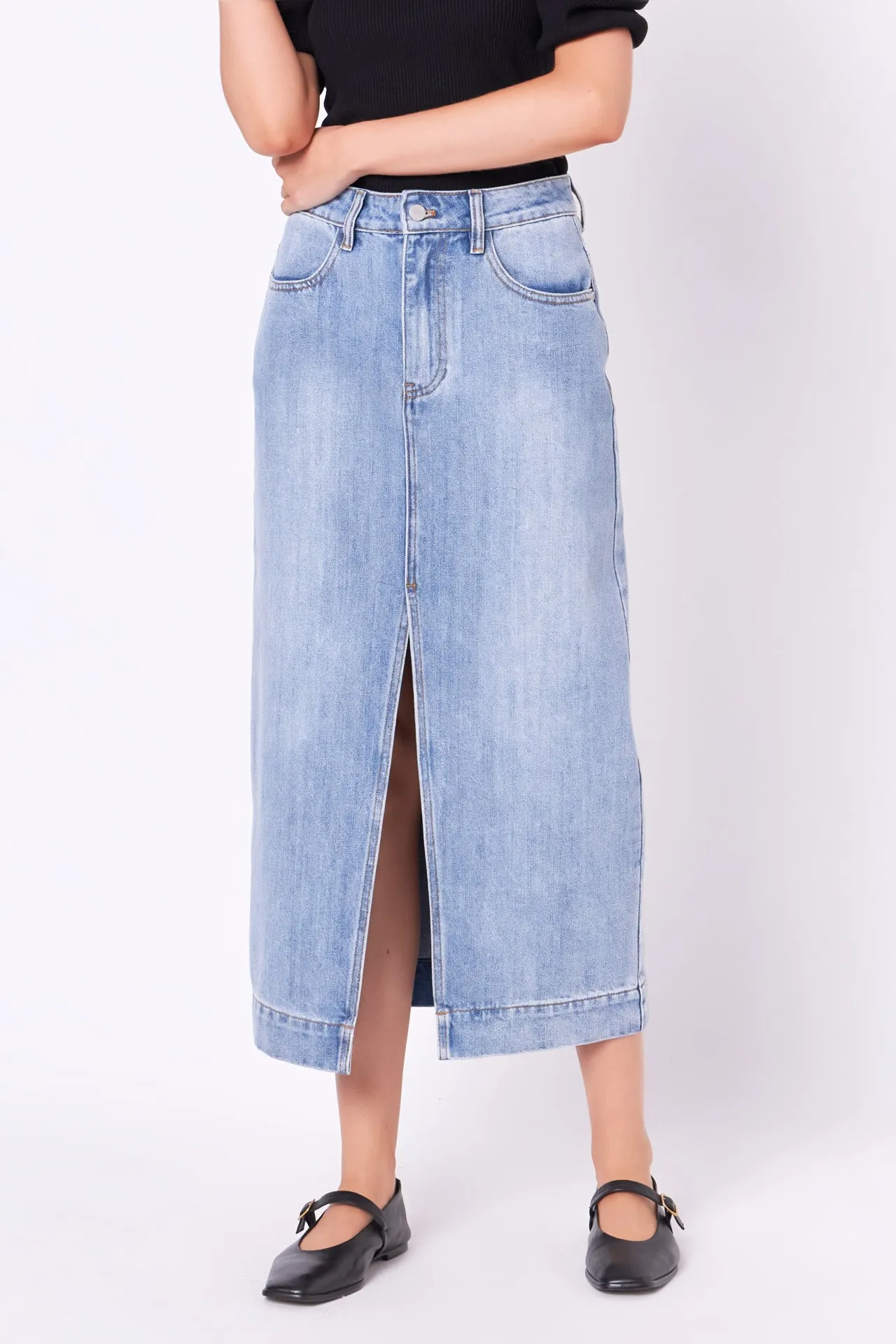 English Factory - High Waist Long Denim Skirt