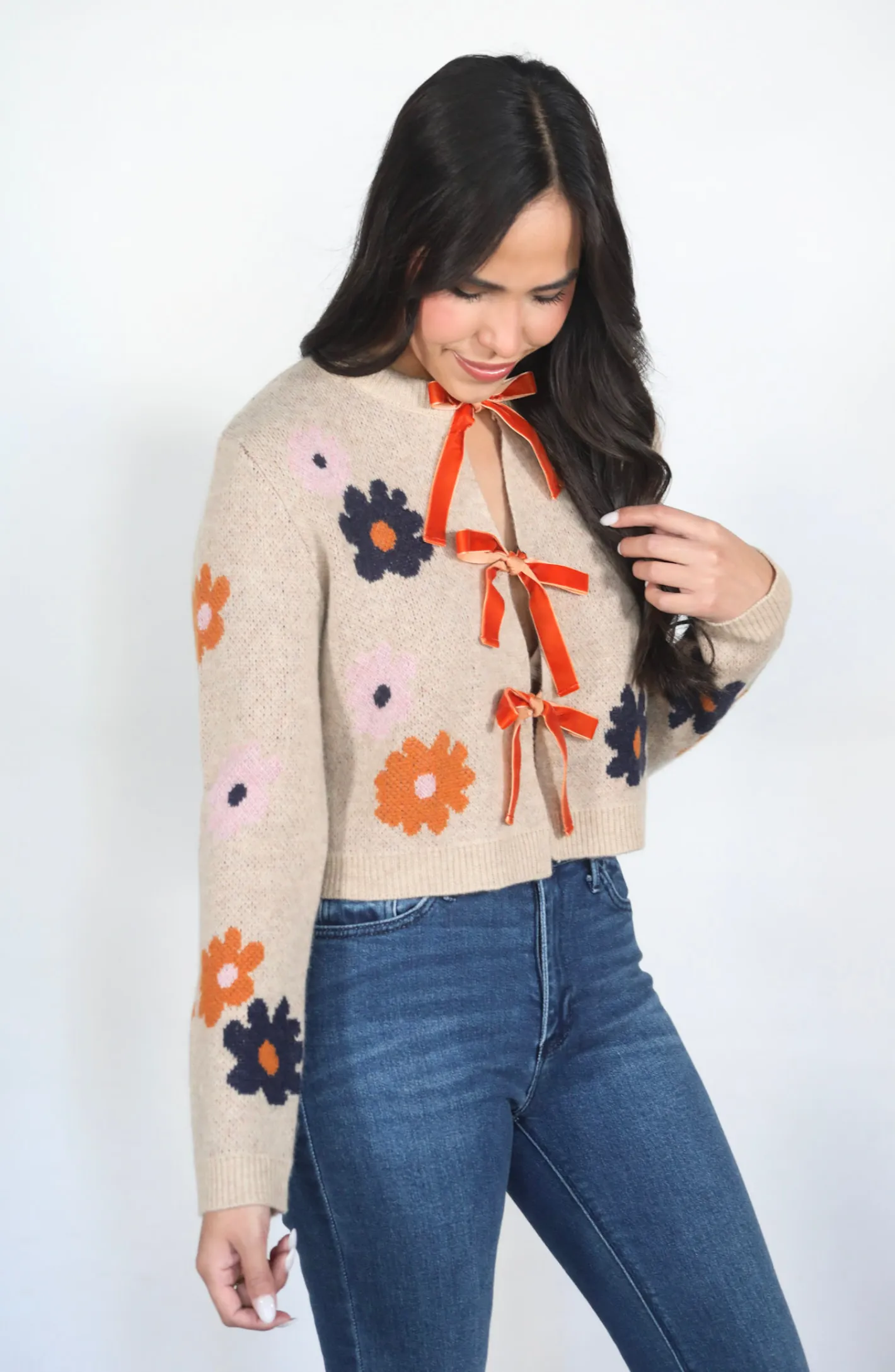 Festive Florals Beige Bow Tie Sweater