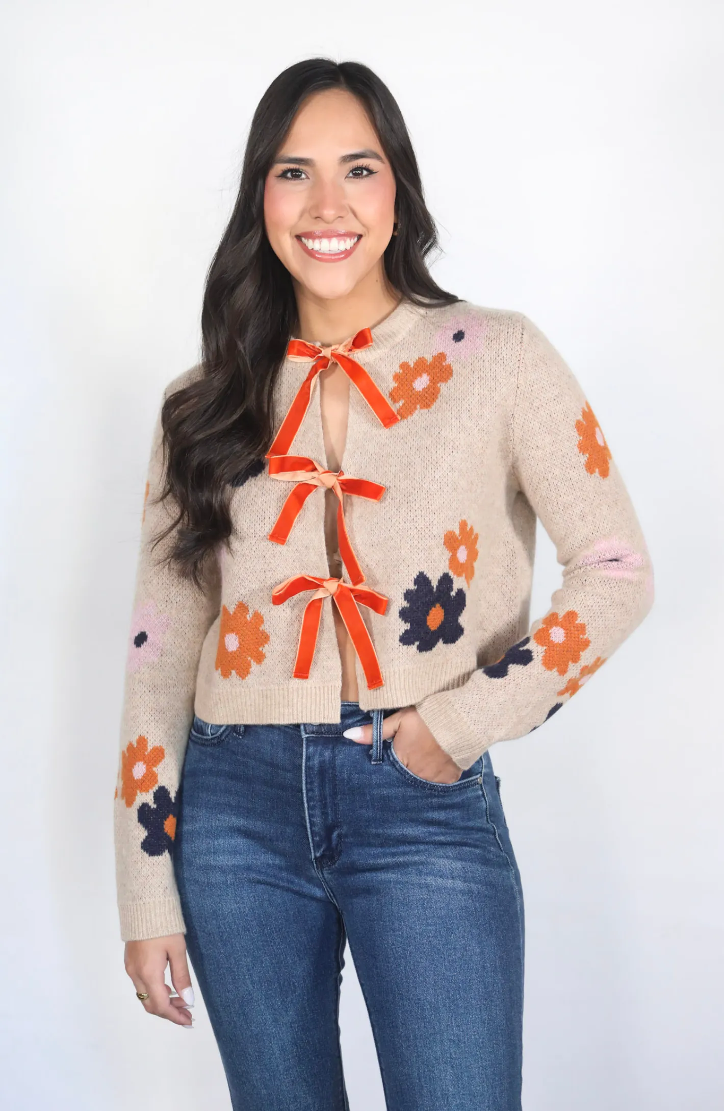 Festive Florals Beige Bow Tie Sweater