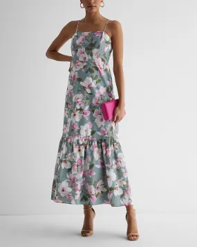 Floral Print Square Neck Tiered Poplin Maxi Dress in Multi