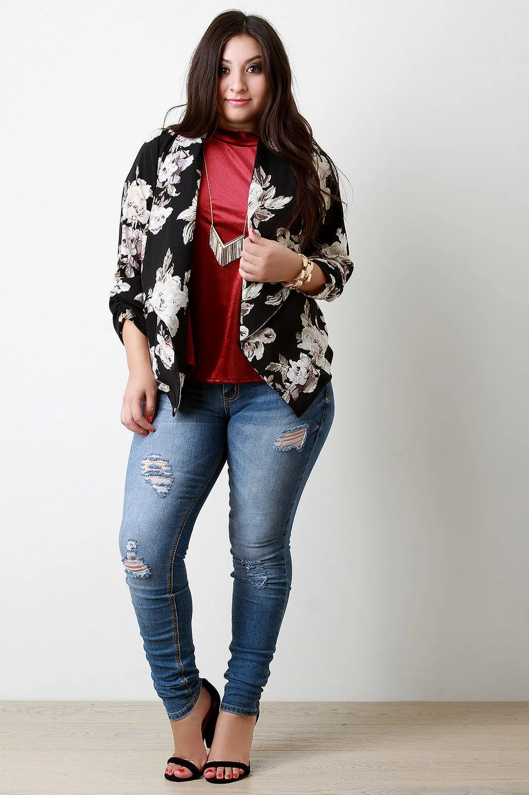 Floral Print Wide Draped Collar Blazer