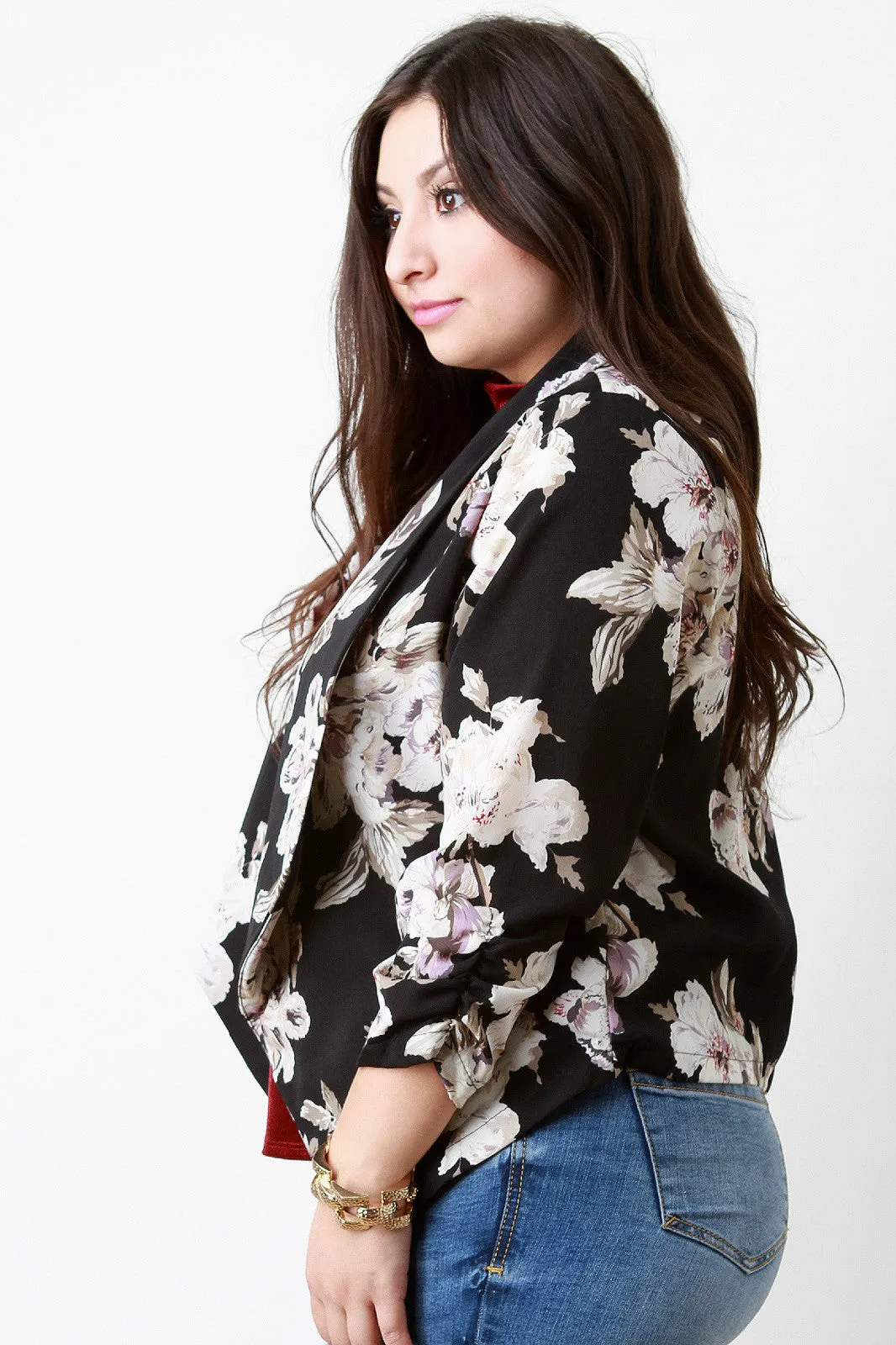 Floral Print Wide Draped Collar Blazer