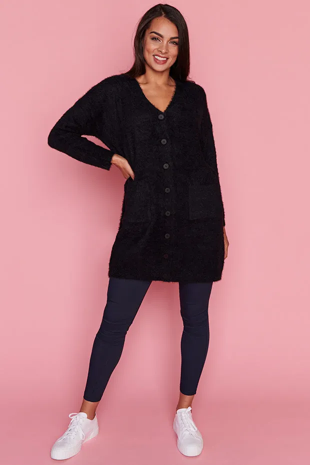 Fuzzy Black Long Cardi