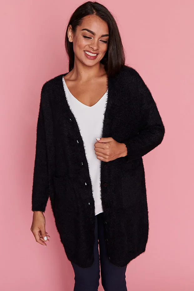 Fuzzy Black Long Cardi