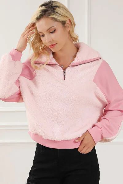 Fuzzy Half Zip Dropped Shoulder Sweatshirt