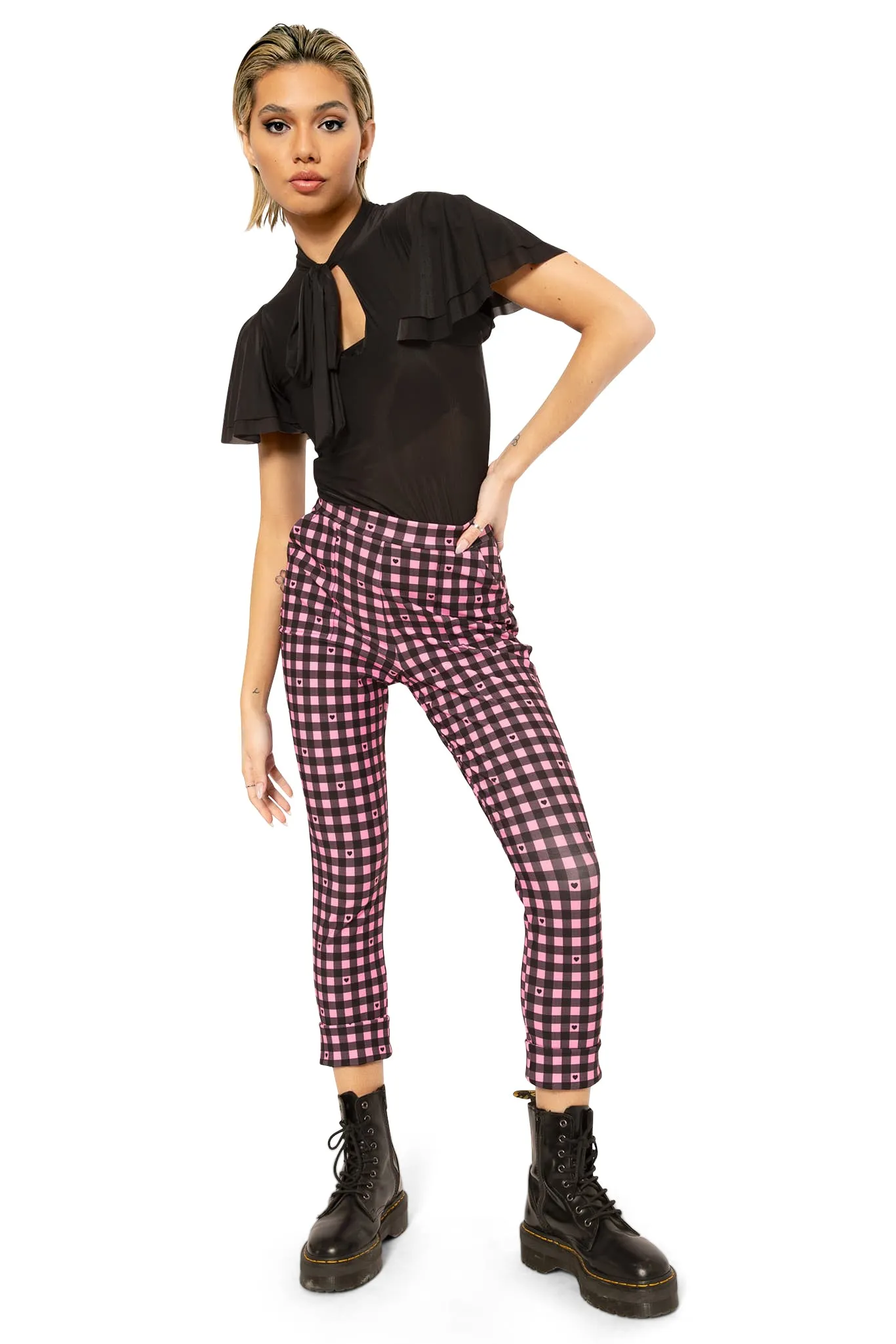 Gingham Hearts Pink Cuffed Pants