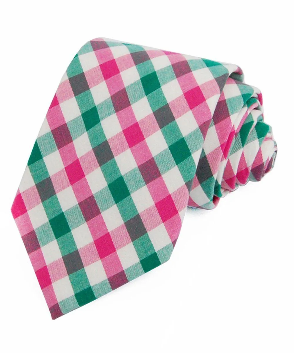 Green and Pink Plaid Cotton Necktie