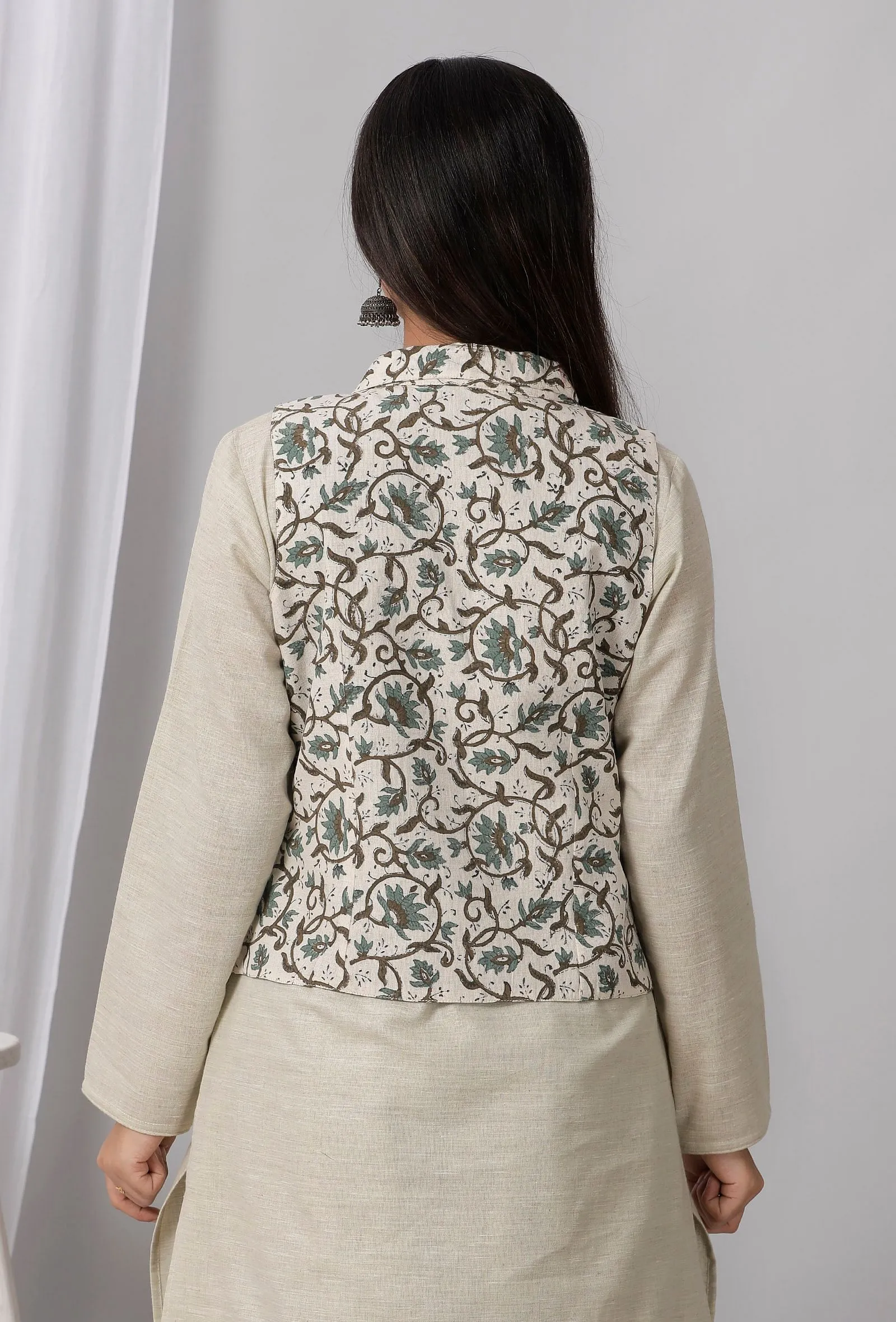 Green Block Printed Cotton Collar Khadi Blazer