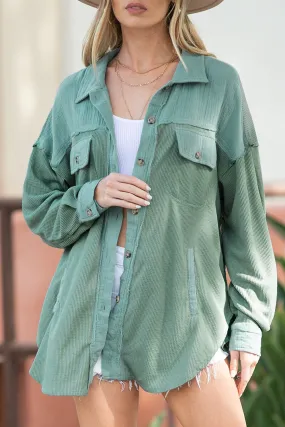 Green Mix Textured Stitching Flap Pocket Tunic Shacket