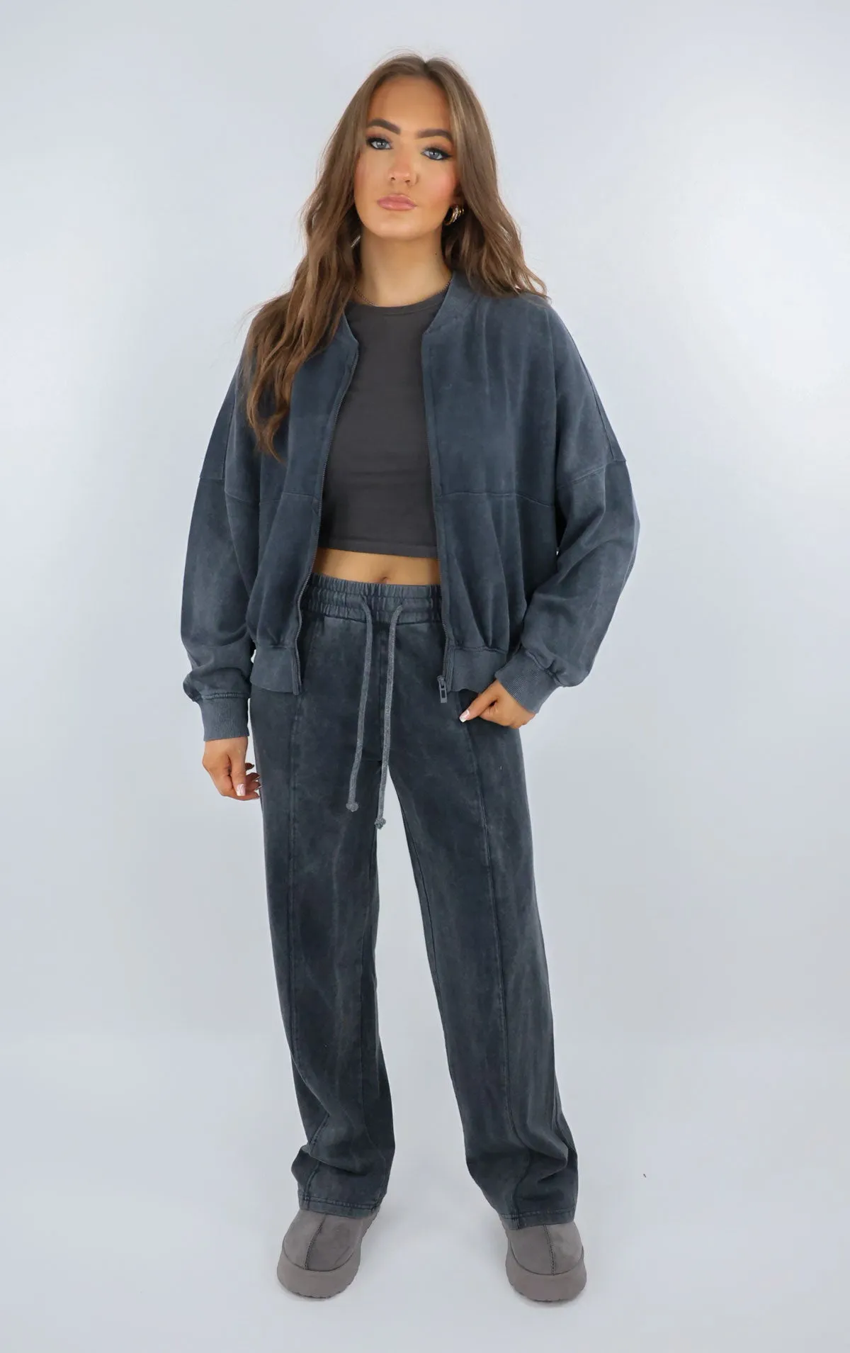 Grey Acid Washed Effect Zip Bomber & Joggers Loungewear Co-ord Set