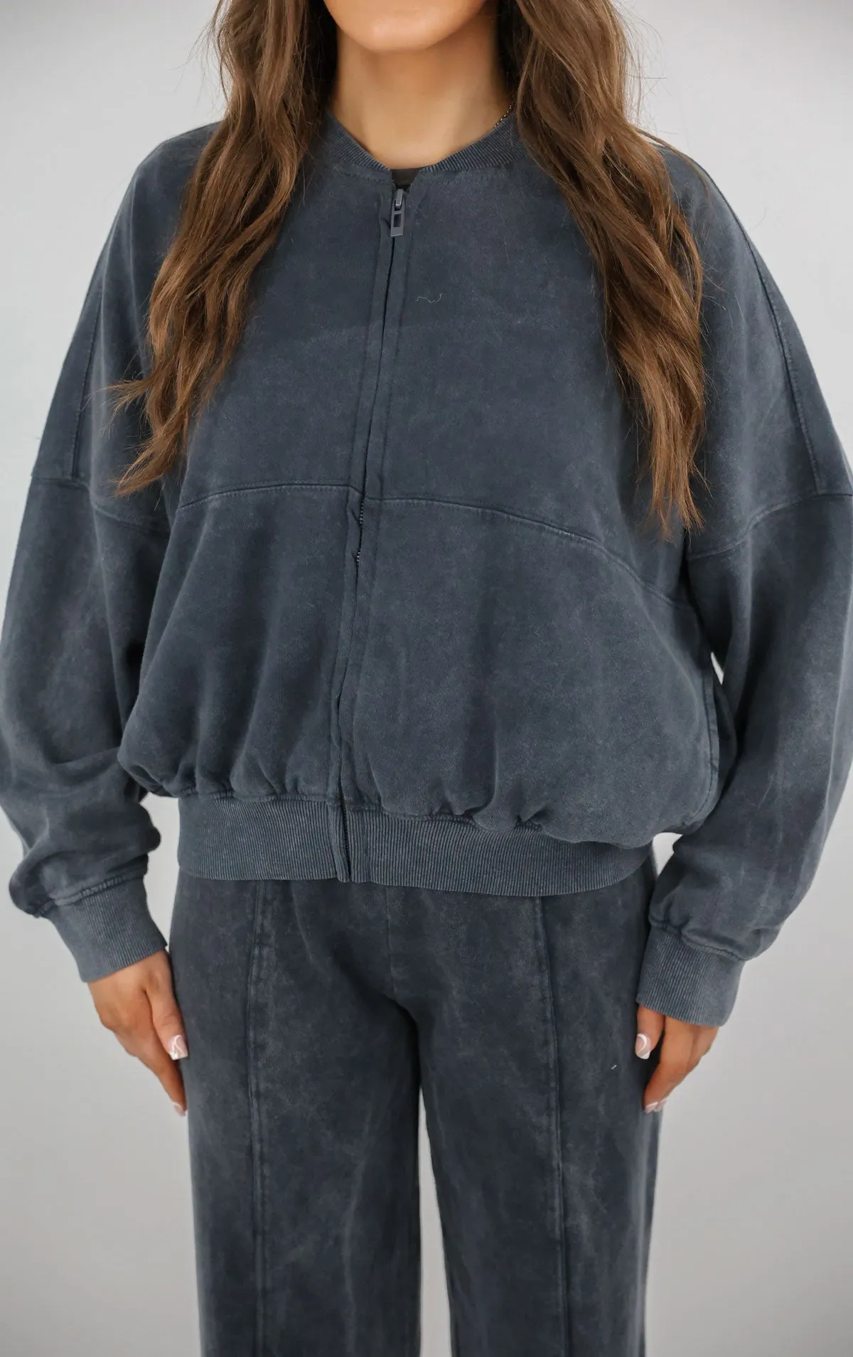 Grey Acid Washed Effect Zip Bomber & Joggers Loungewear Co-ord Set