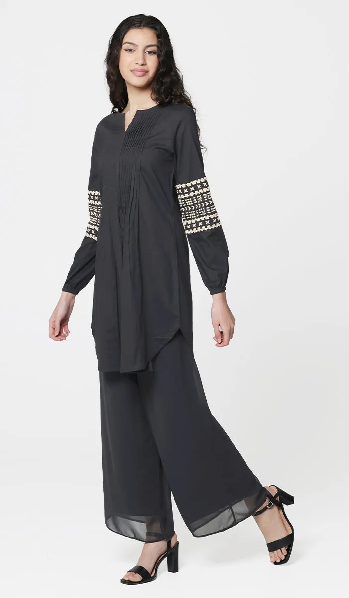 Hadiza Embroidered Cotton Modest Tunic - Black