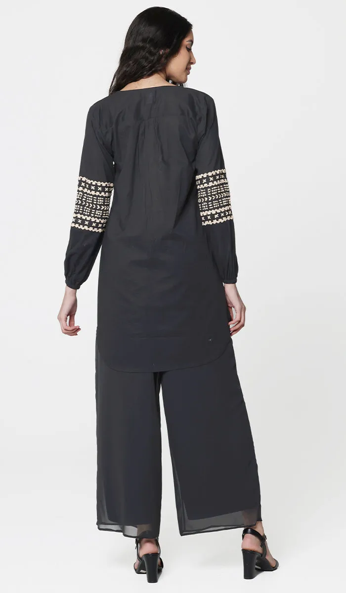 Hadiza Embroidered Cotton Modest Tunic - Black