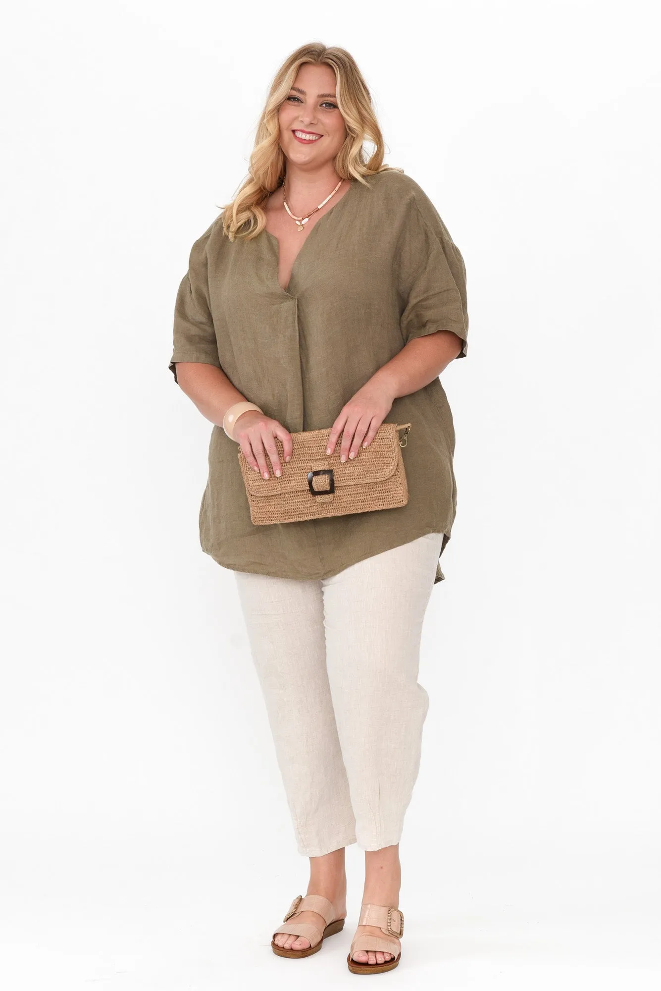 Holland Khaki Linen V Neck Tunic