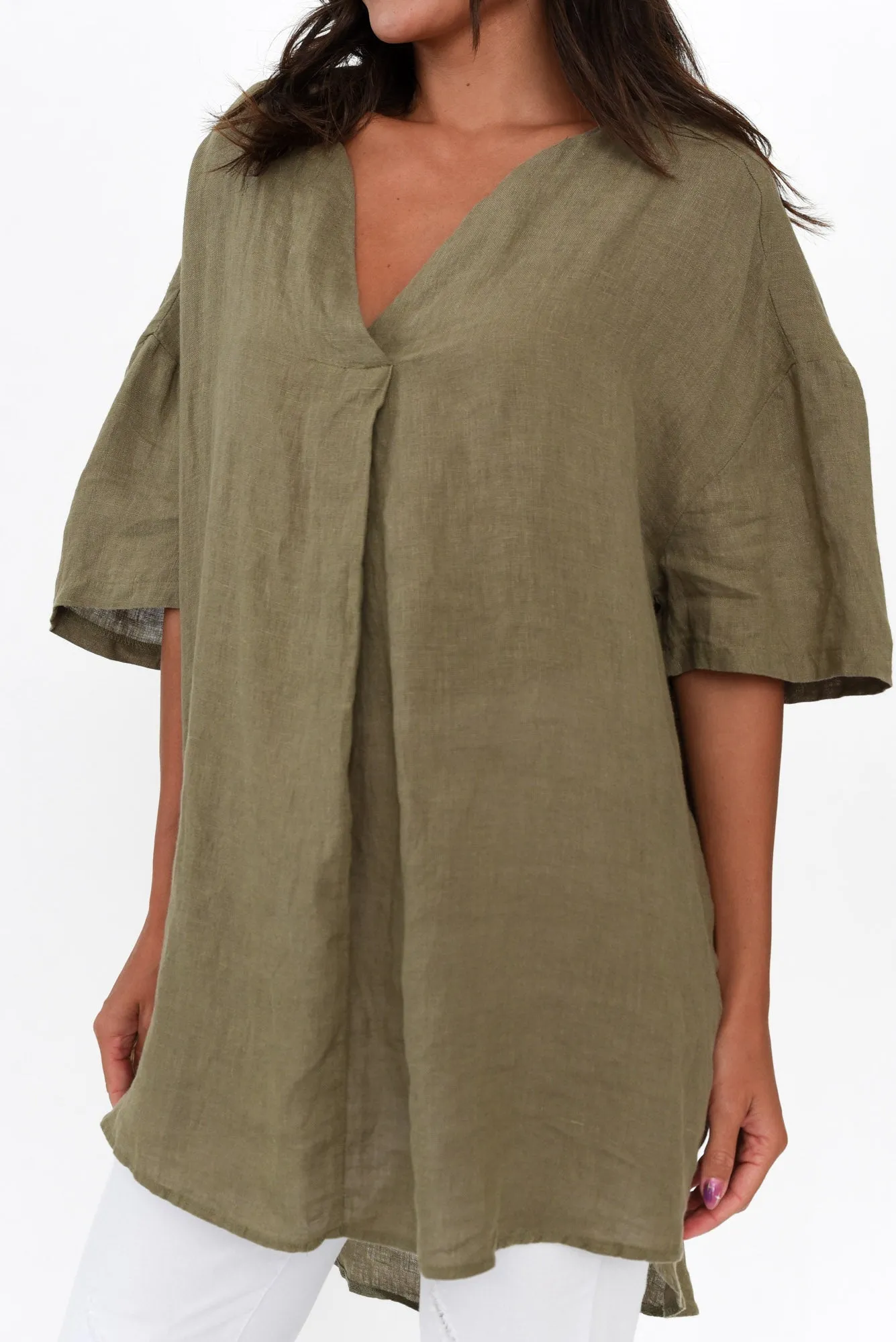 Holland Khaki Linen V Neck Tunic