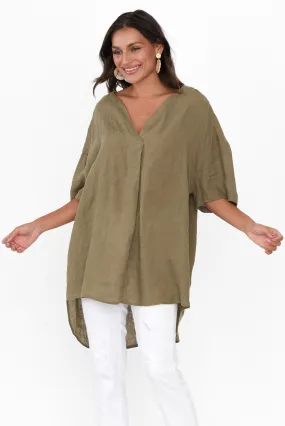 Holland Khaki Linen V Neck Tunic