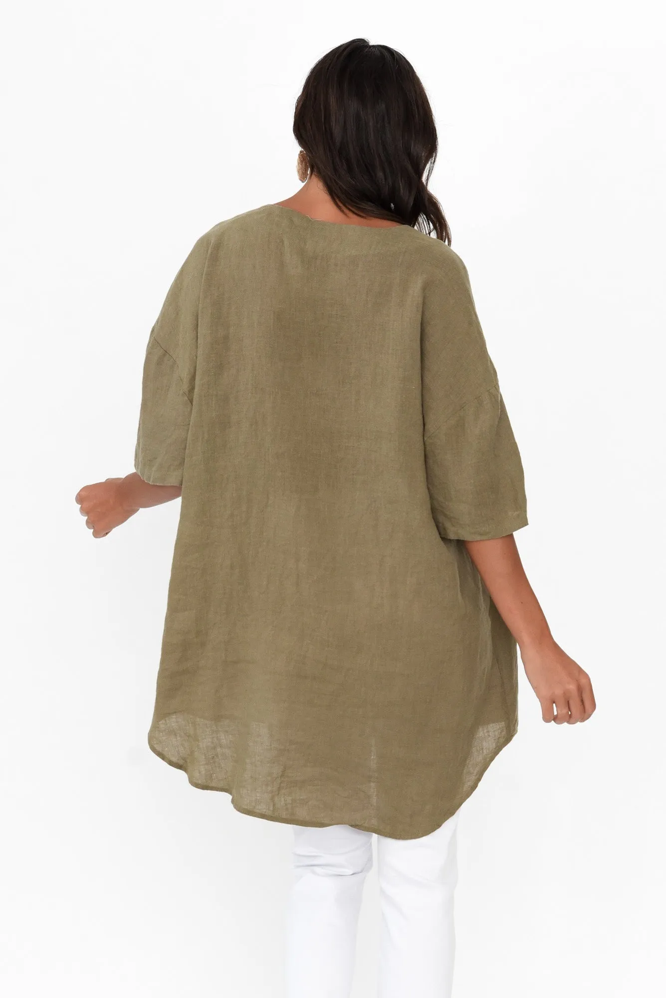 Holland Khaki Linen V Neck Tunic