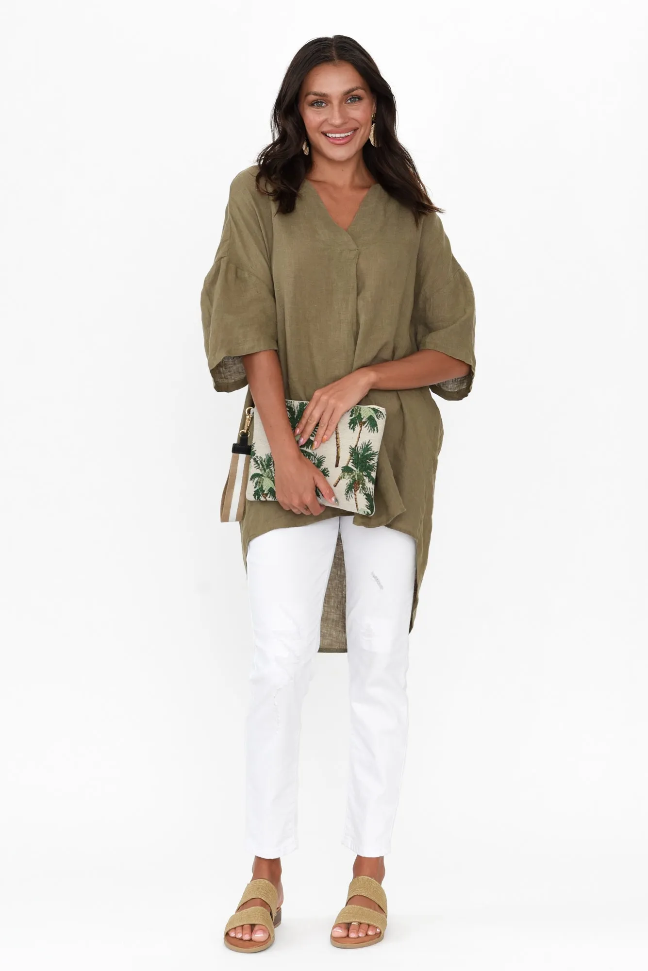 Holland Khaki Linen V Neck Tunic