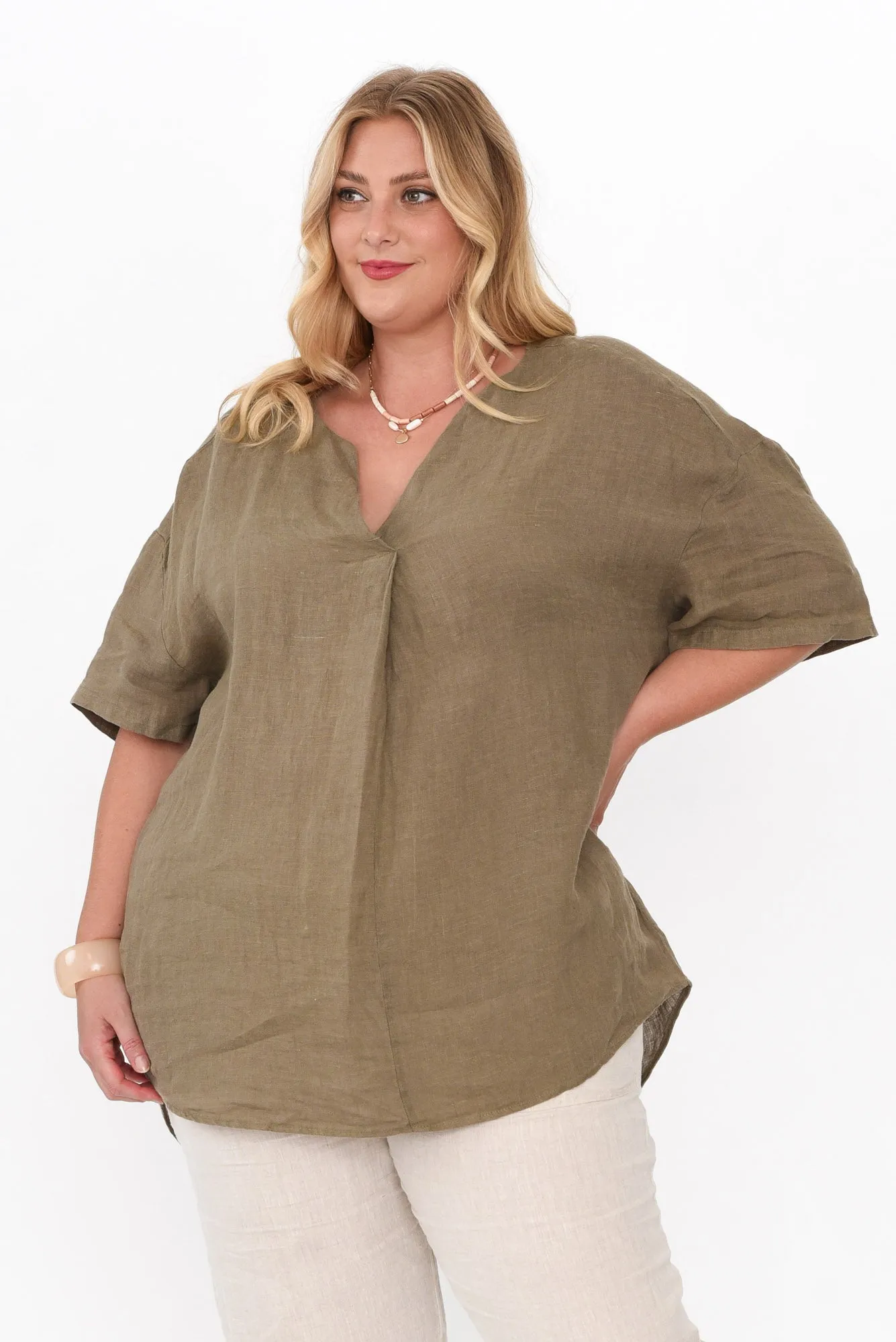 Holland Khaki Linen V Neck Tunic