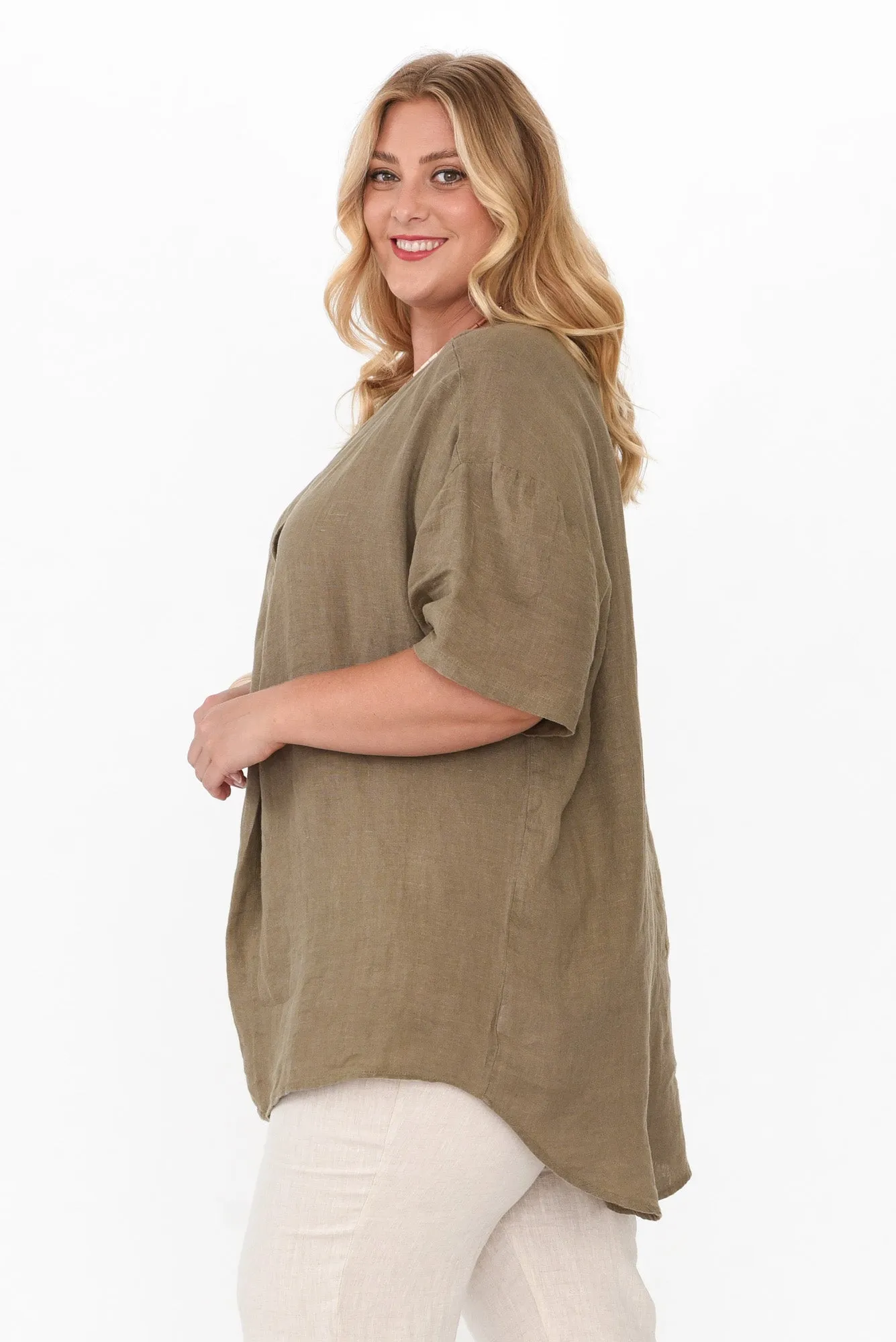 Holland Khaki Linen V Neck Tunic