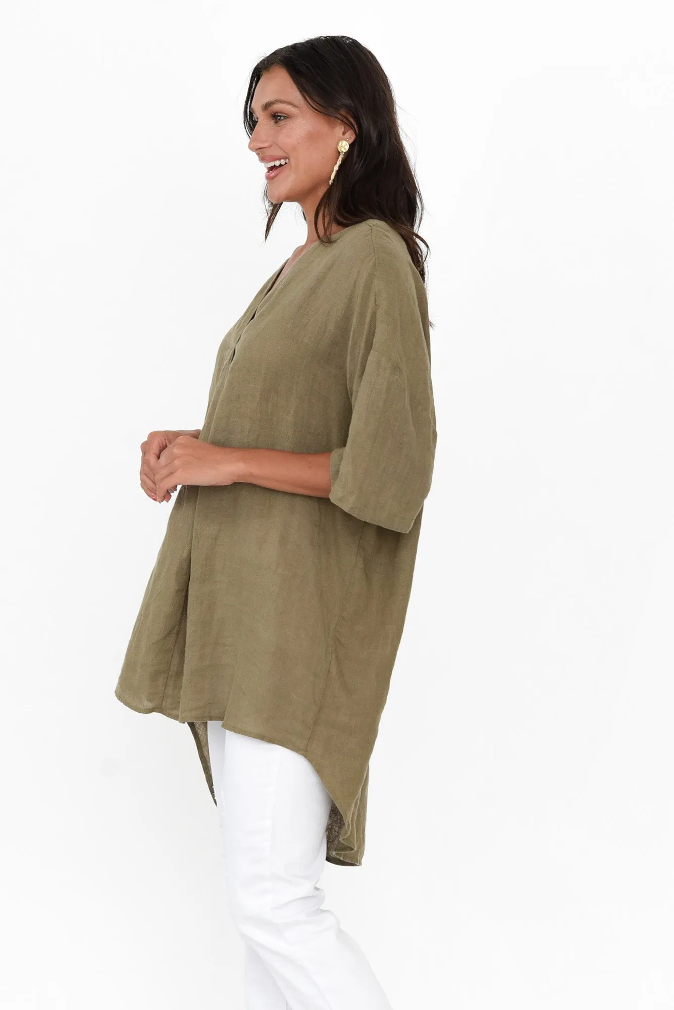 Holland Khaki Linen V Neck Tunic