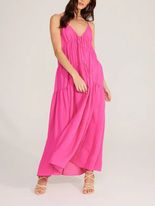 Hot Pink Shirring Detail Tiered Maxi Dress