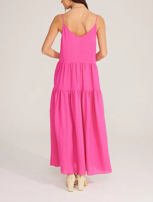 Hot Pink Shirring Detail Tiered Maxi Dress