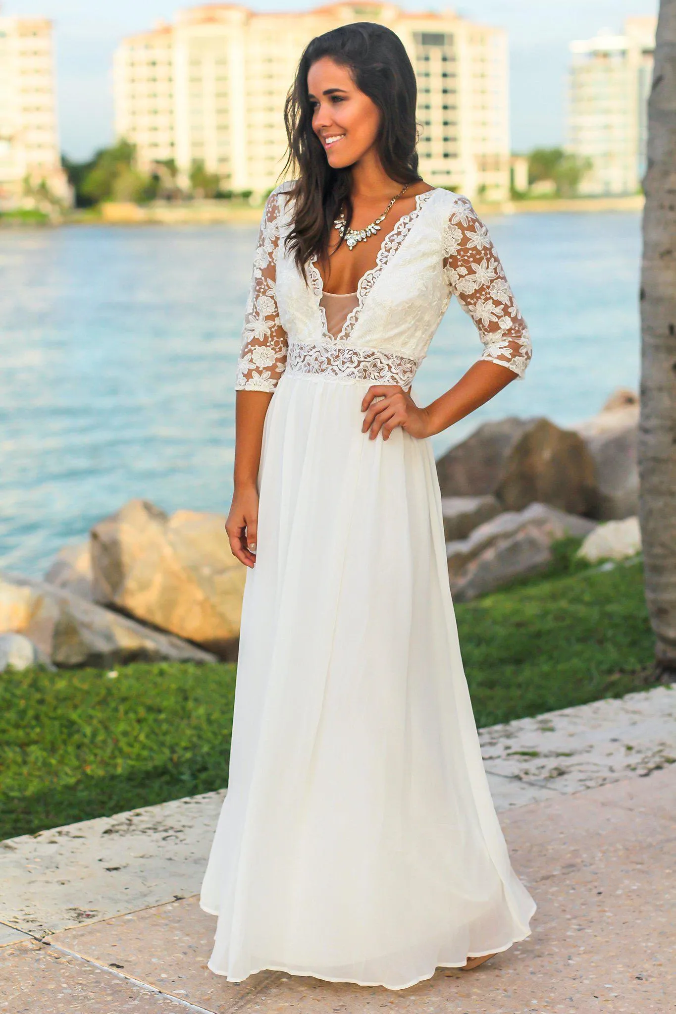 Ivory Maxi Dress with Embroidered Top and Open Back