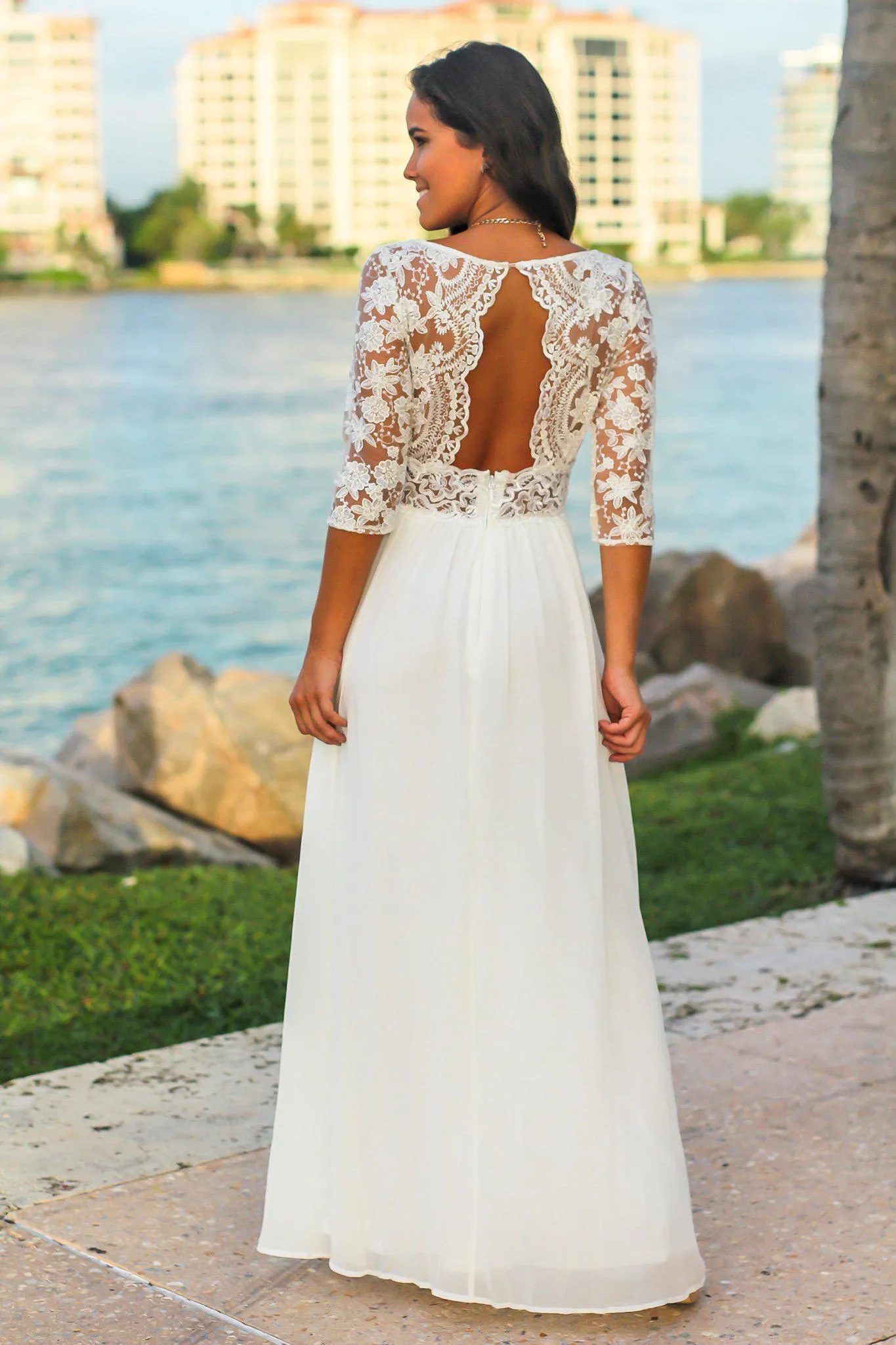 Ivory Maxi Dress with Embroidered Top and Open Back