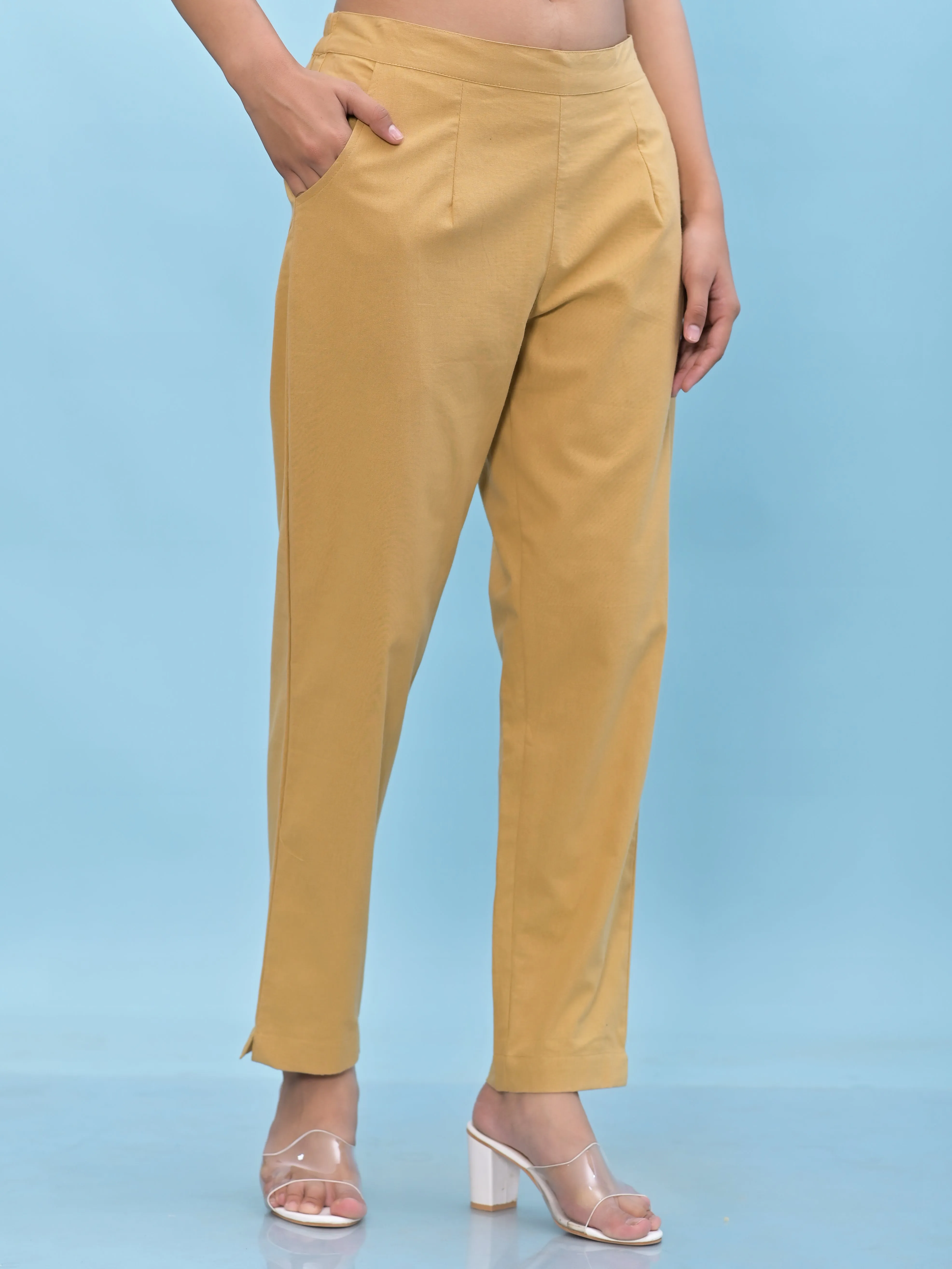 Jashvi Women Gold Solid Cotton Pants with Partially Elasticated Waistband and Two Side Pockets