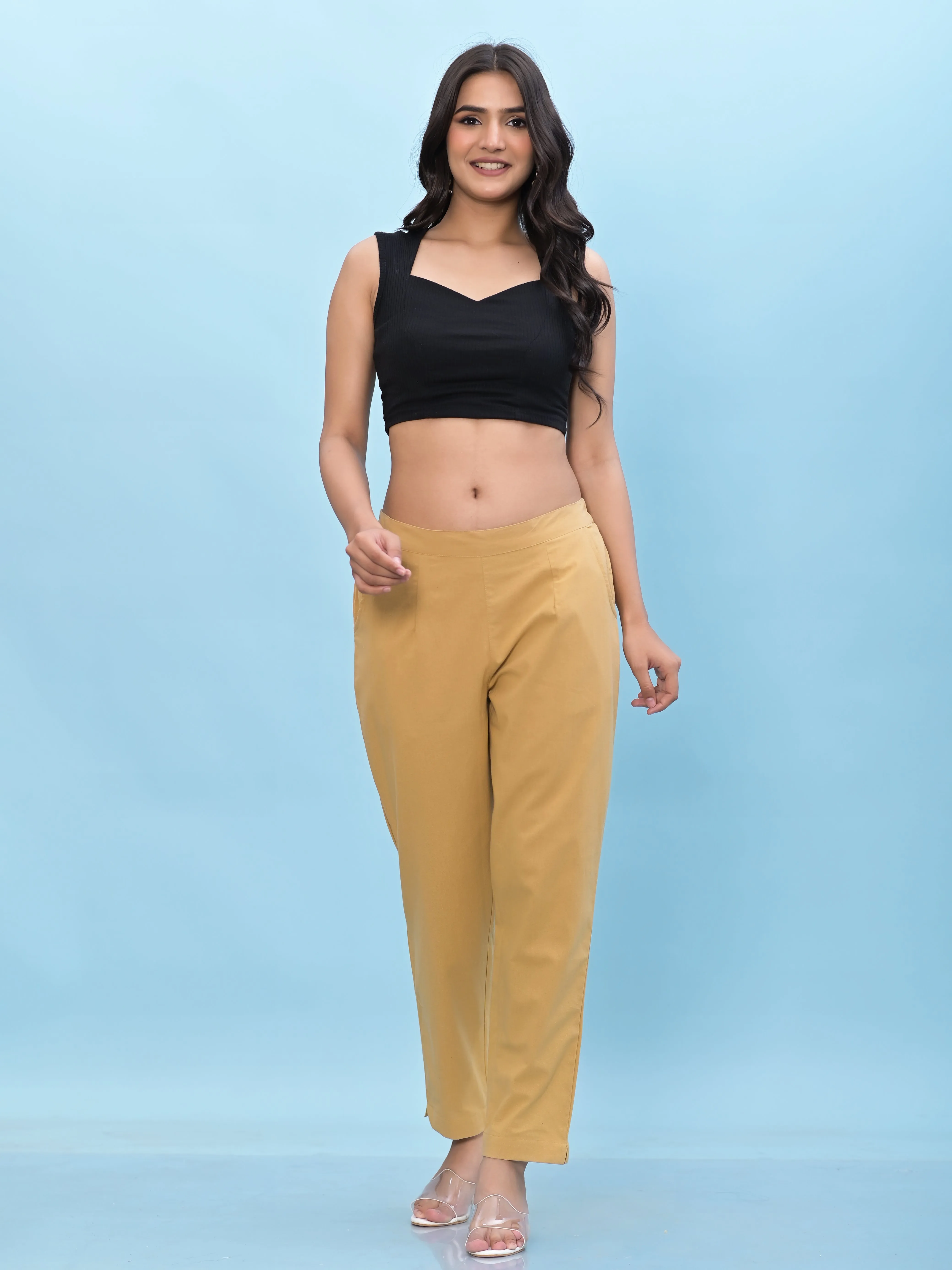 Jashvi Women Gold Solid Cotton Pants with Partially Elasticated Waistband and Two Side Pockets