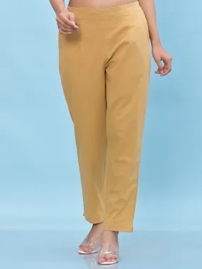 Jashvi Women Gold Solid Cotton Pants with Partially Elasticated Waistband and Two Side Pockets