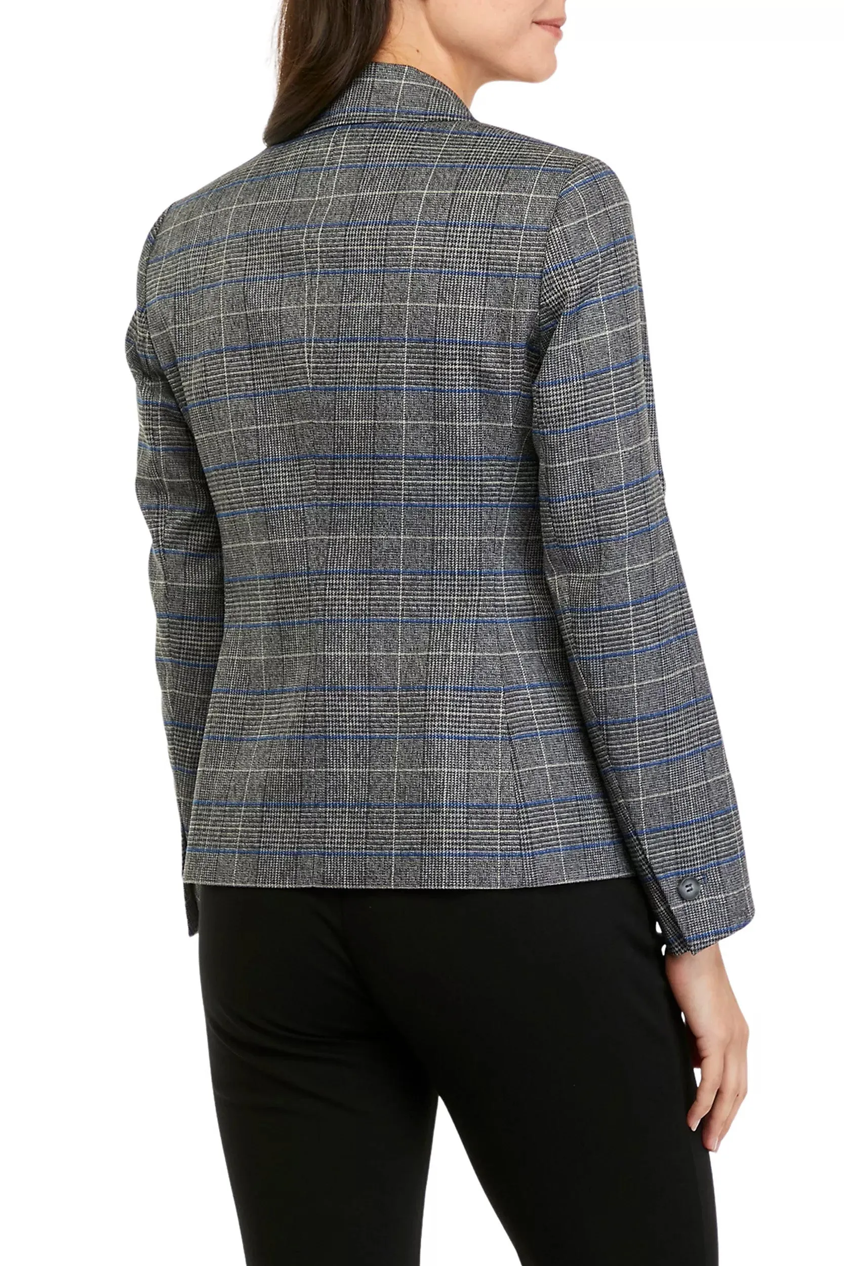 Kasper Notched Collar Long Sleeve 2 Button Closure Plaid Pattern Crepe Blazer