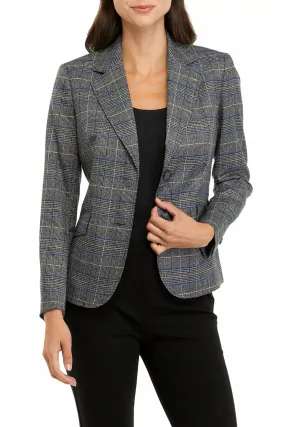 Kasper Notched Collar Long Sleeve 2 Button Closure Plaid Pattern Crepe Blazer