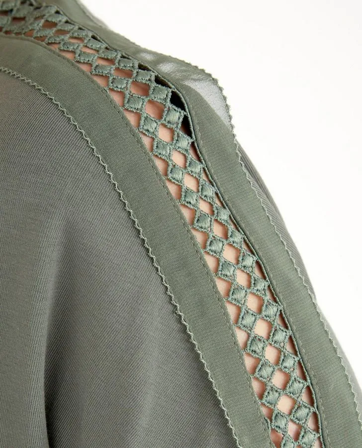 Khaki Green Slash Neck Eyelash Trim Top