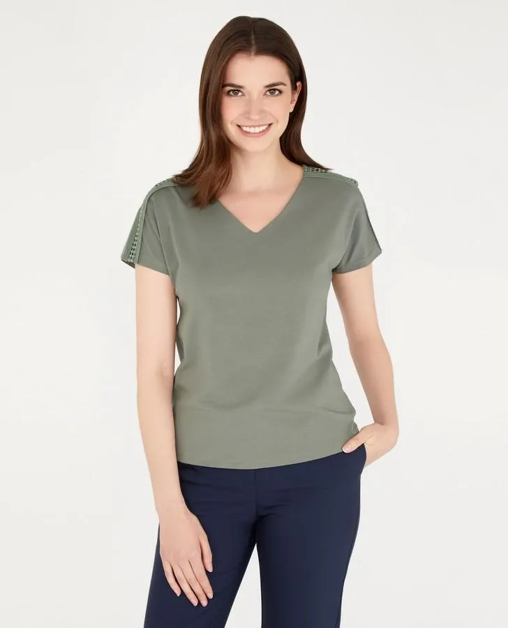 Khaki Green Slash Neck Eyelash Trim Top