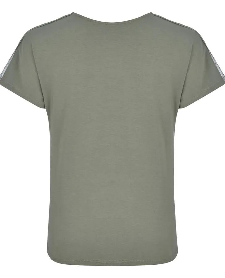 Khaki Green Slash Neck Eyelash Trim Top