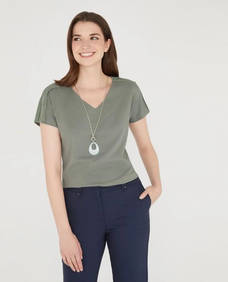 Khaki Green Slash Neck Eyelash Trim Top