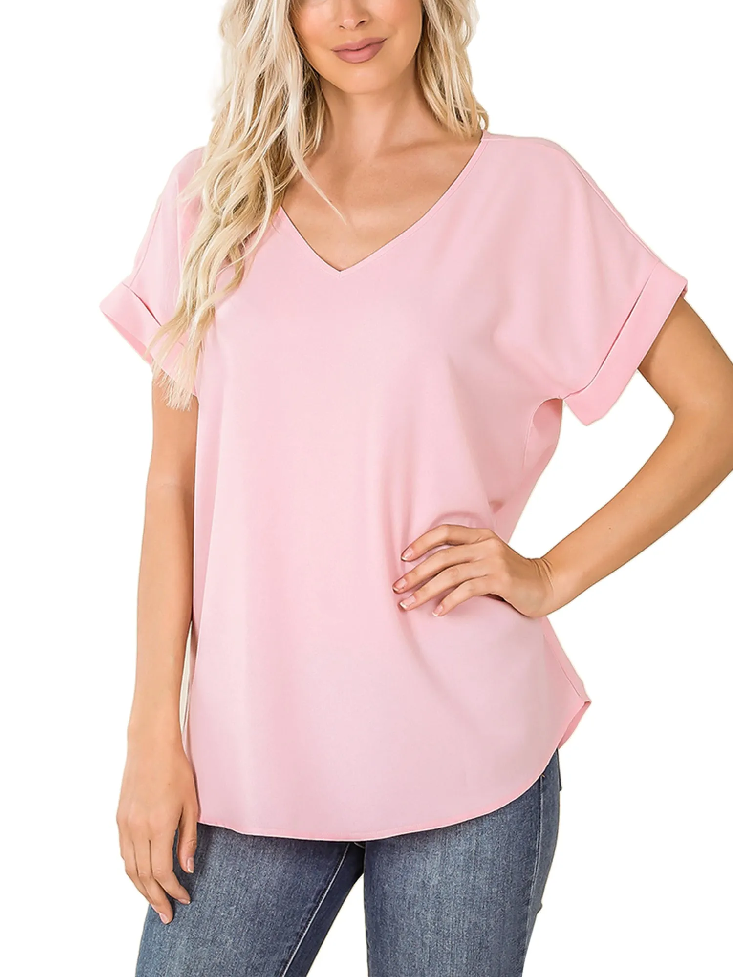 KOGMO Women's Short Sleeve V Neck Solid Woven Top Tee (S-3X)