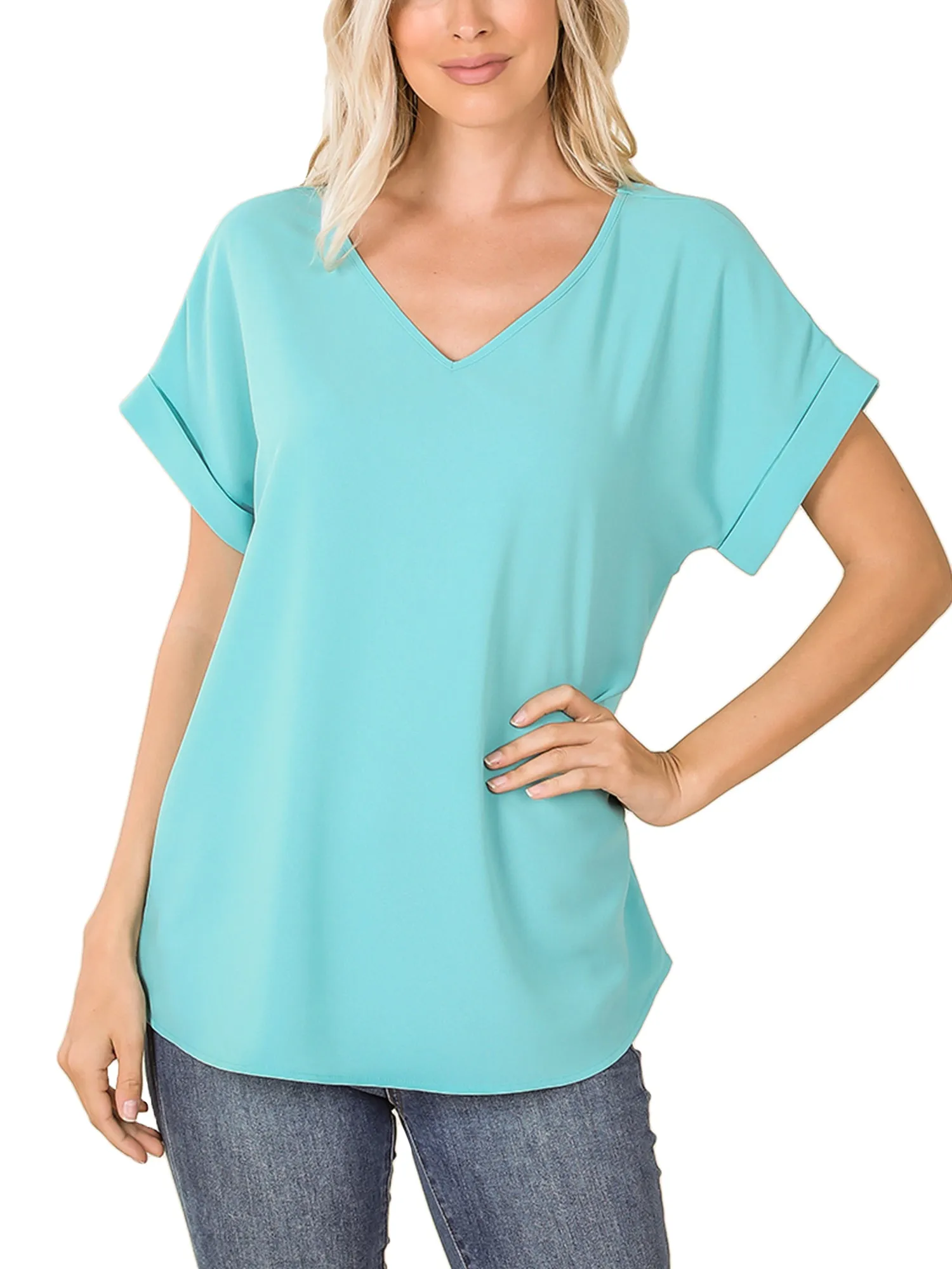 KOGMO Women's Short Sleeve V Neck Solid Woven Top Tee (S-3X)