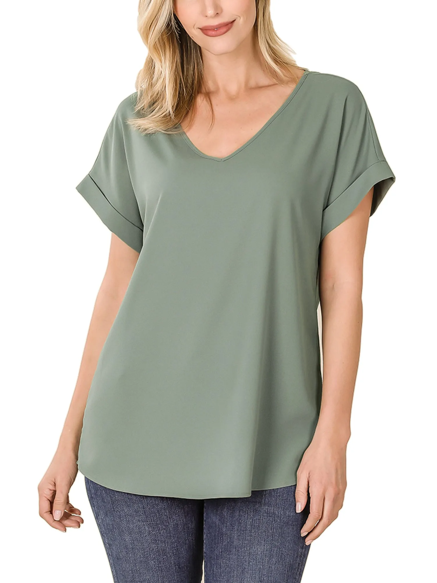 KOGMO Women's Short Sleeve V Neck Solid Woven Top Tee (S-3X)