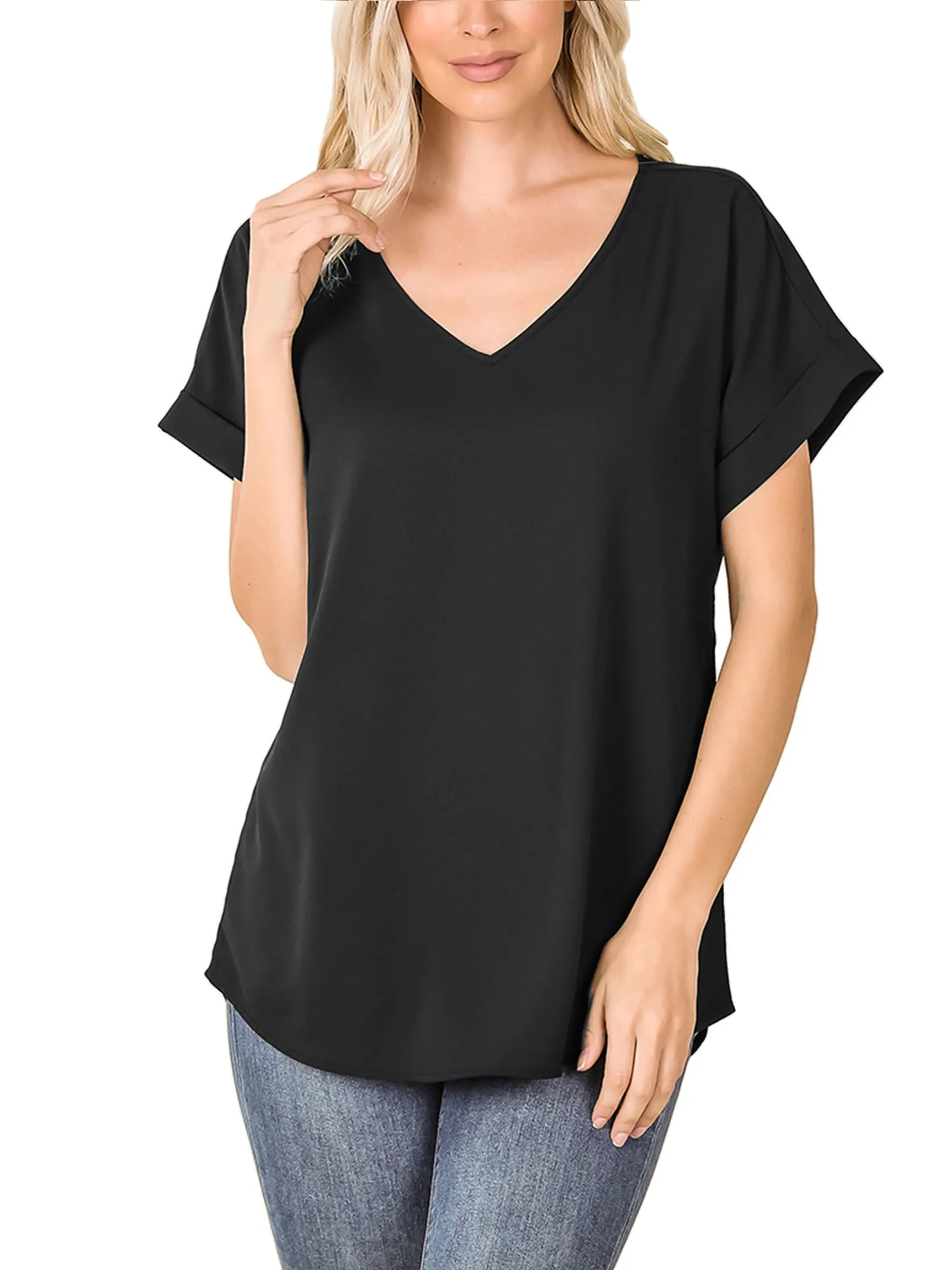 KOGMO Women's Short Sleeve V Neck Solid Woven Top Tee (S-3X)