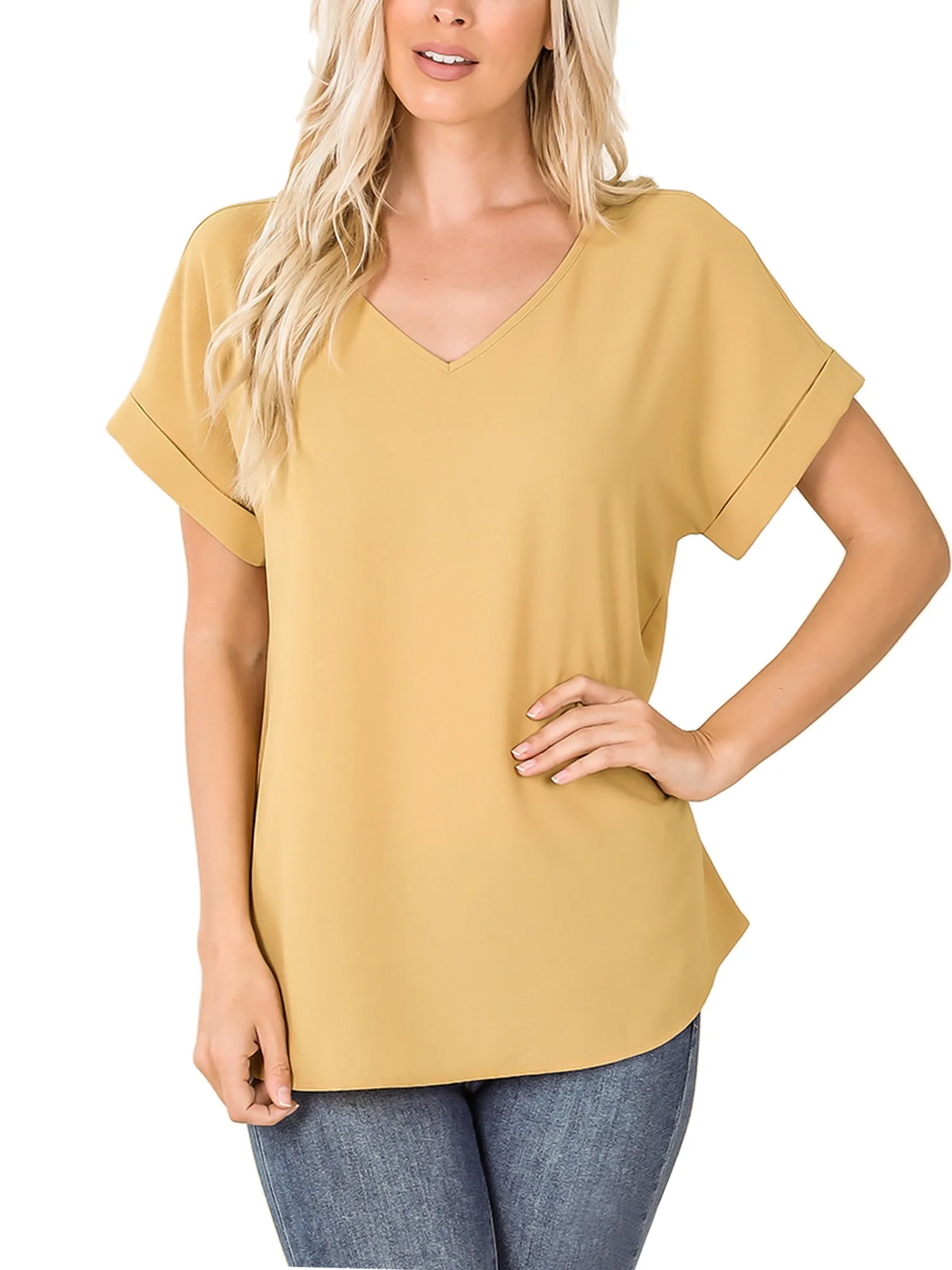 KOGMO Women's Short Sleeve V Neck Solid Woven Top Tee (S-3X)