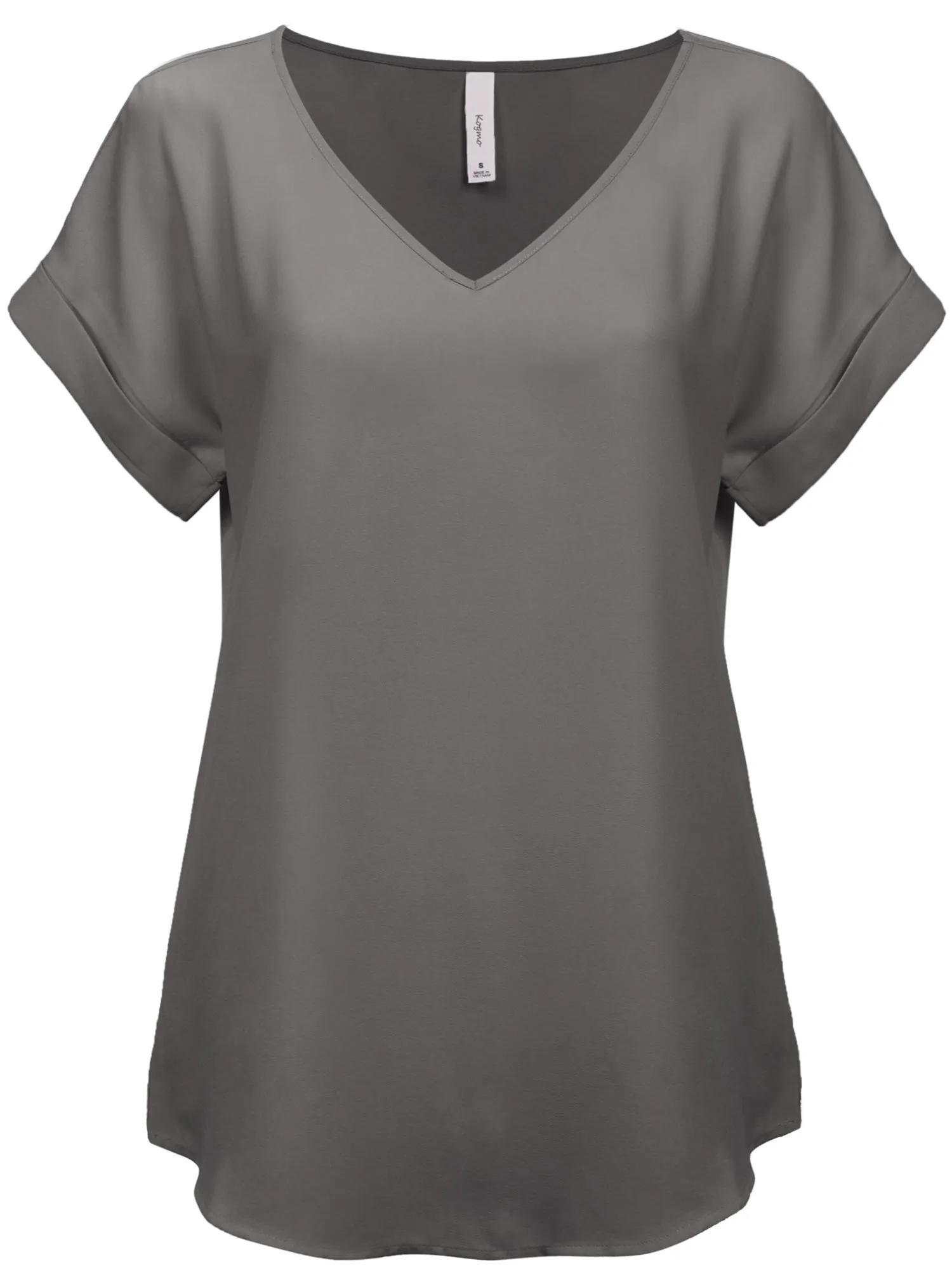 KOGMO Women's Short Sleeve V Neck Solid Woven Top Tee (S-3X)