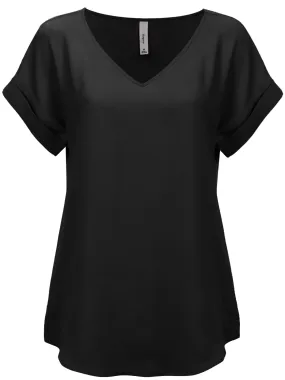 KOGMO Women's Short Sleeve V Neck Solid Woven Top Tee (S-3X)